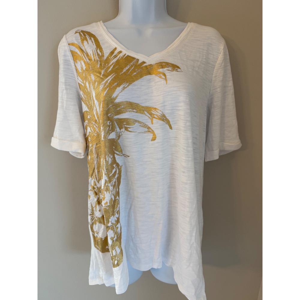 Chico's T-Shirt Size 1 M White Gold Metallic Pineapple Slub Knit V-Neck Top